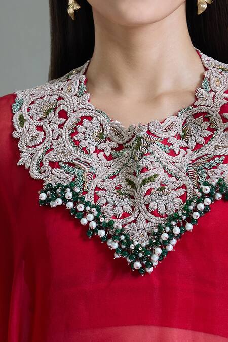 Buy_Prisho_Red Organza Beads Sweetheart , Round Dori Embroidered Kaftan Set _Online_at_Aza_Fashions
