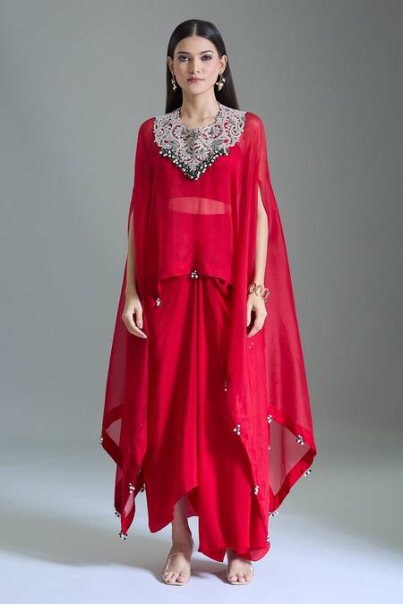 Shop_Prisho_Red Organza Beads Sweetheart , Round Dori Embroidered Kaftan Set _Online_at_Aza_Fashions
