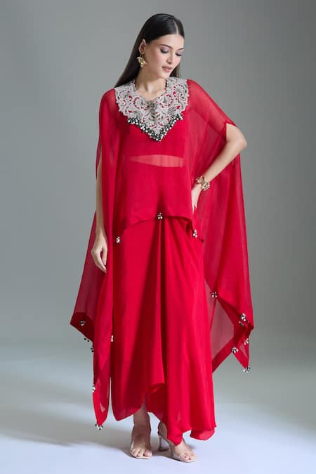 Prisho_Red Organza Beads Sweetheart , Round Dori Embroidered Kaftan Set _at_Aza_Fashions