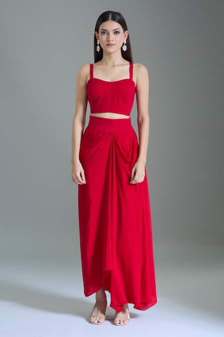 Buy_Prisho_Red Organza Beads Sweetheart , Round Dori Embroidered Kaftan Set 