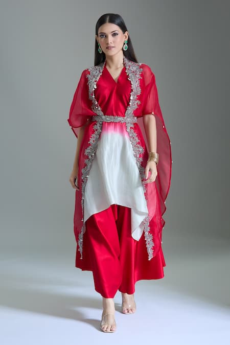 Prisho_Red Organza Embroidery, Beads V-neck Floral Vine Cape And Kurta Set _Online_at_Aza_Fashions
