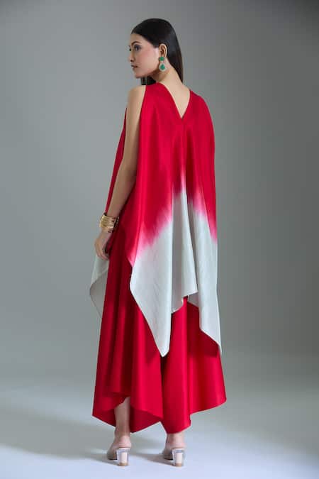 Buy_Prisho_Red Organza Embroidery, Beads V-neck Floral Vine Cape And Kurta Set _Online_at_Aza_Fashions