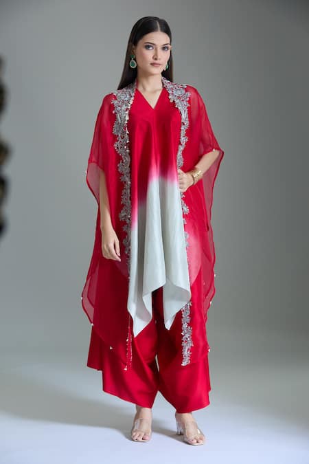 Shop_Prisho_Red Organza Embroidery, Beads V-neck Floral Vine Cape And Kurta Set _Online_at_Aza_Fashions