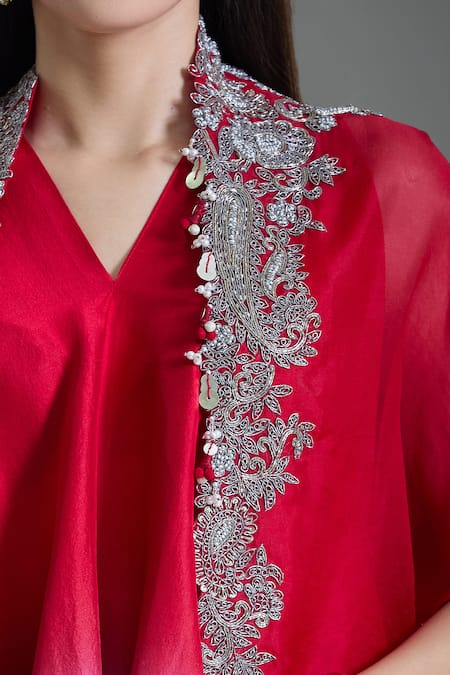 Prisho_Red Organza Embroidery, Beads V-neck Floral Vine Cape And Kurta Set _at_Aza_Fashions