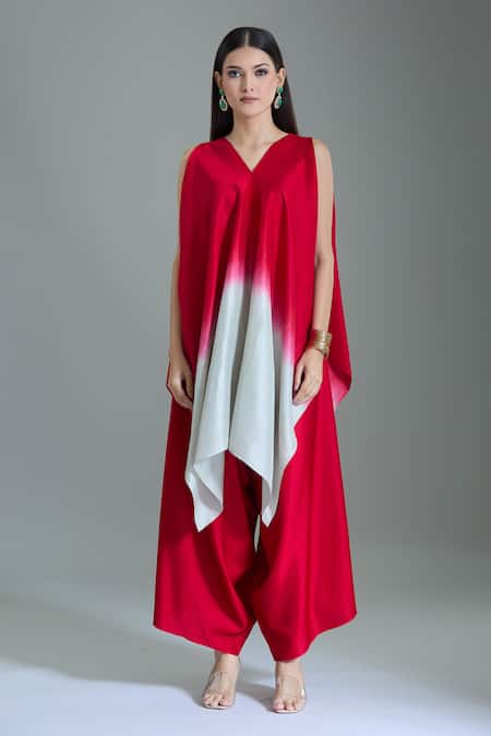 Buy_Prisho_Red Organza Embroidery, Beads V-neck Floral Vine Cape And Kurta Set 