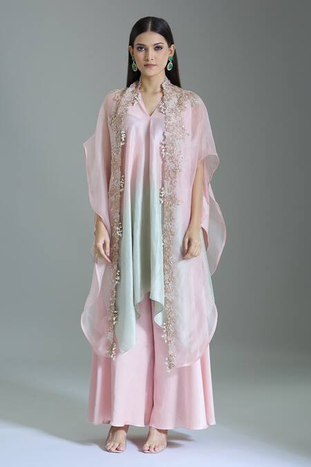 Prisho_Pink Organza Beads, Embroidery V-neck Floral Vine Cape With Draped Pant Set _Online_at_Aza_Fashions
