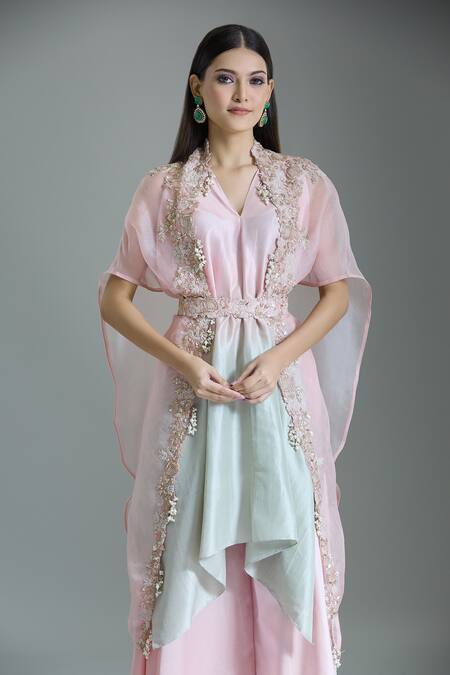 Buy_Prisho_Pink Organza Beads, Embroidery V-neck Floral Vine Cape With Draped Pant Set _Online_at_Aza_Fashions