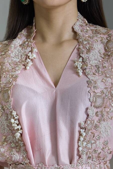 Shop_Prisho_Pink Organza Beads, Embroidery V-neck Floral Vine Cape With Draped Pant Set _Online_at_Aza_Fashions