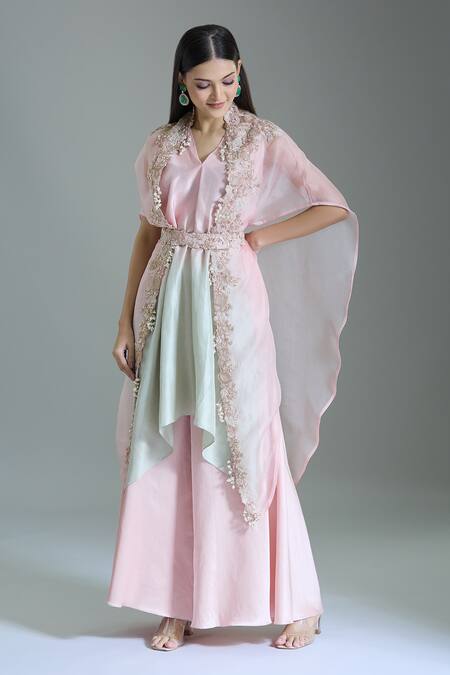 Prisho_Pink Organza Beads, Embroidery V-neck Floral Vine Cape With Draped Pant Set _at_Aza_Fashions