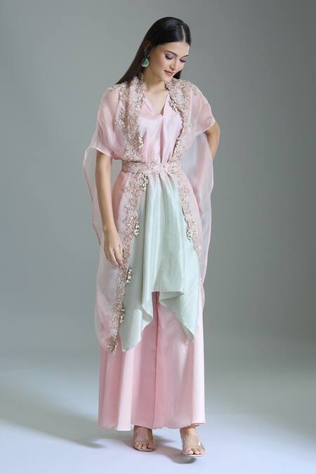 Buy_Prisho_Pink Organza Beads, Embroidery V-neck Floral Vine Cape With Draped Pant Set 