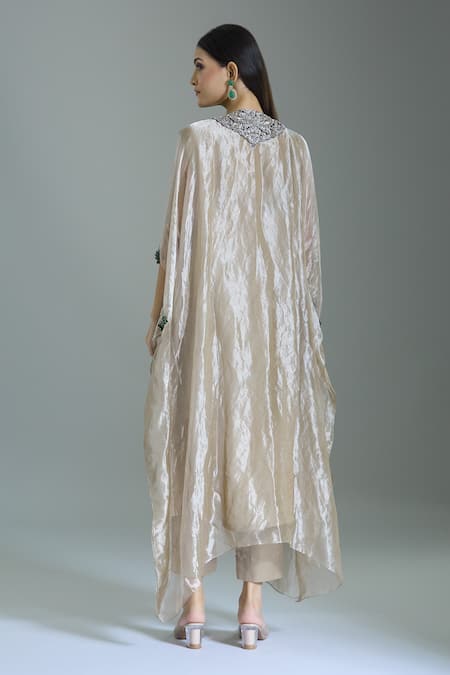 Shop_Prisho_Beige Tissue Beads, Embroidery Round Neck Floral Kaftan Set _at_Aza_Fashions