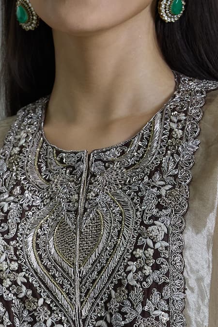 Buy_Prisho_Beige Tissue Beads, Embroidery Round Neck Floral Kaftan Set _Online_at_Aza_Fashions