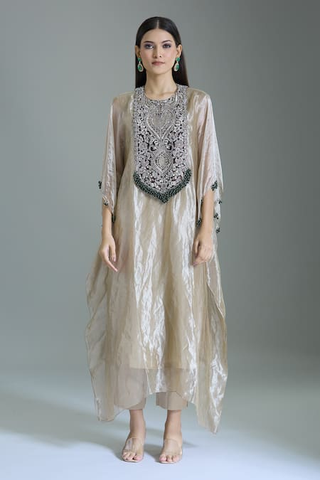 Shop_Prisho_Beige Tissue Beads, Embroidery Round Neck Floral Kaftan Set _Online_at_Aza_Fashions