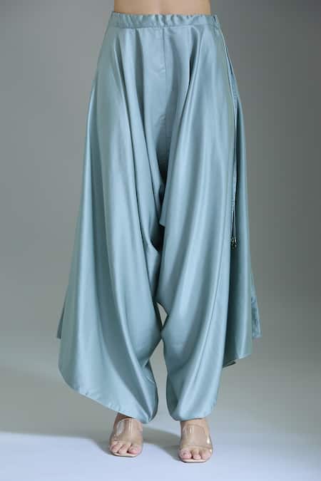 Buy_Prisho_Blue Tissue Beads V-neck Floral Embroidered Yoke Kaftan And Draped Pant _Online_at_Aza_Fashions