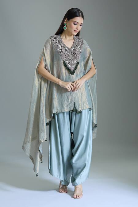 Shop_Prisho_Blue Tissue Beads V-neck Floral Embroidered Yoke Kaftan And Draped Pant _Online_at_Aza_Fashions