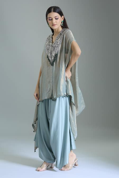 Prisho_Blue Tissue Beads V-neck Floral Embroidered Yoke Kaftan And Draped Pant _at_Aza_Fashions