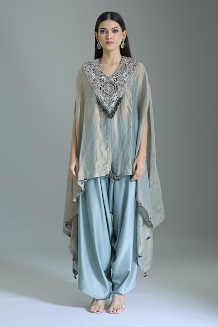 Buy_Prisho_Blue Tissue Beads V-neck Floral Embroidered Yoke Kaftan And Draped Pant 