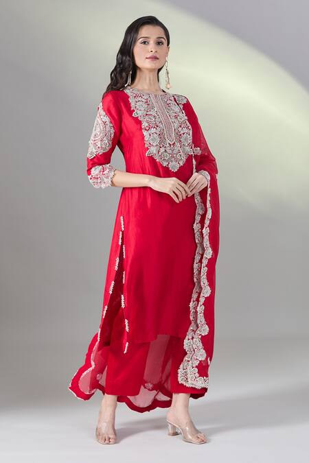 Shop Prisho Red Cotton Gota Patti, Pearls, Beads Round Neck Floral Embroidered Kurta Set Online at Aza Fashions Shop_Prisho_Red Cotton Gota Patti, Pearls, Beads Round Neck Floral Embroidered Kurta Set _Online_at_Aza_Fashions
