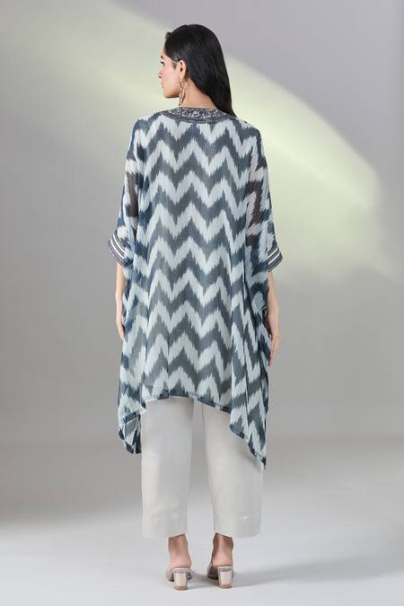 Shop_Prisho_Gray Cotton Tassels Split V-neck Ikkat Print Kaftan Set With Pant _at_Aza_Fashions