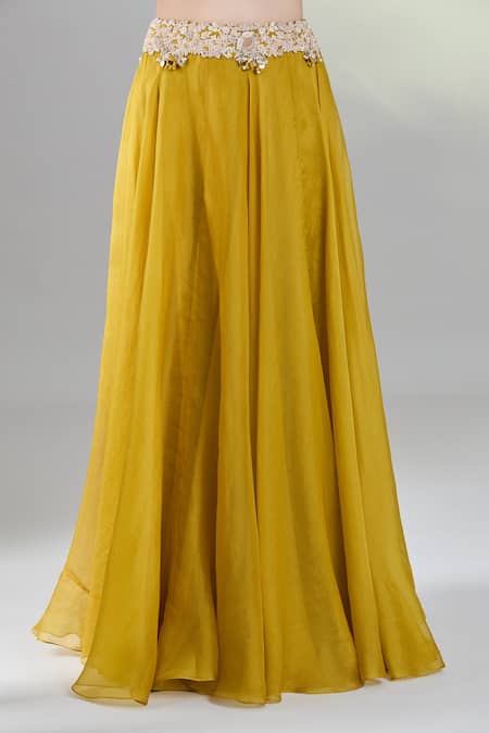 Buy_Prisho_Yellow Silk, Chiffon Tassels, Beads, Embroidery, Sequins Floral Lehenga Set _Online_at_Aza_Fashions