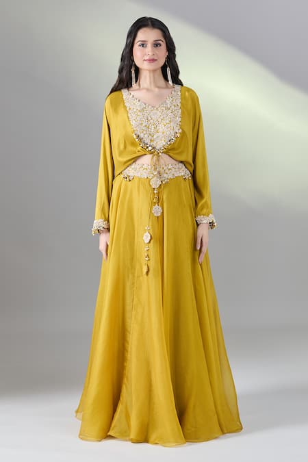 Shop_Prisho_Yellow Silk, Chiffon Tassels, Beads, Embroidery, Sequins Floral Lehenga Set _Online_at_Aza_Fashions