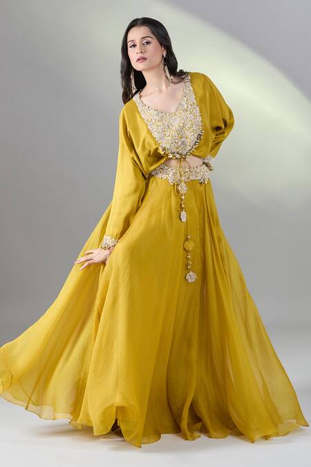 Prisho_Yellow Silk, Chiffon Tassels, Beads, Embroidery, Sequins Floral Lehenga Set _at_Aza_Fashions