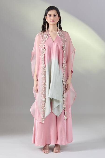 Prisho Pink Silk Pearls, Embroidery V-neck Floral Cape And Kurta Set Online at Aza Fashions Prisho_Pink Silk Pearls, Embroidery V-neck Floral Cape And Kurta Set _Online_at_Aza_Fashions