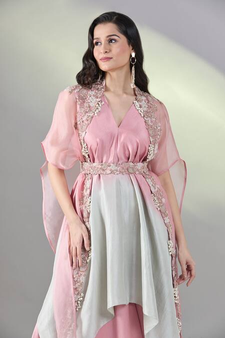 Buy Prisho Pink Silk Pearls, Embroidery V-neck Floral Cape And Kurta Set Online at Aza Fashions Buy_Prisho_Pink Silk Pearls, Embroidery V-neck Floral Cape And Kurta Set _Online_at_Aza_Fashions