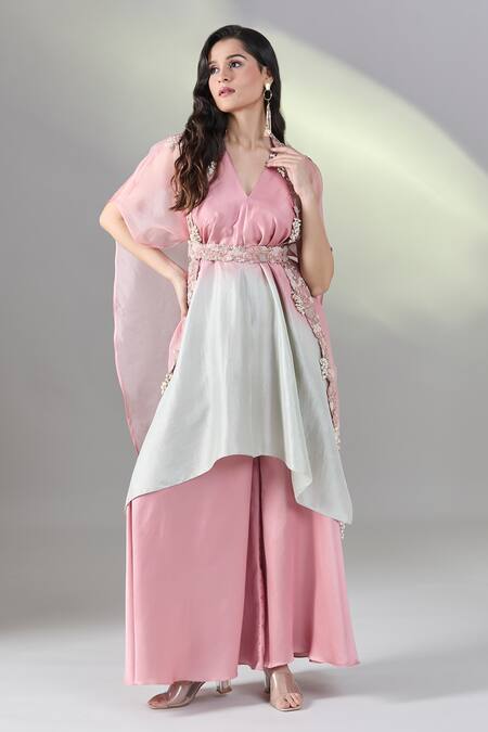 Buy Prisho Pink Silk Pearls, Embroidery V-neck Floral Cape And Kurta Set Buy_Prisho_Pink Silk Pearls, Embroidery V-neck Floral Cape And Kurta Set