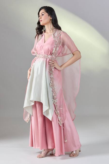 Shop Prisho Pink Silk Pearls, Embroidery V-neck Floral Cape And Kurta Set Shop_Prisho_Pink Silk Pearls, Embroidery V-neck Floral Cape And Kurta Set