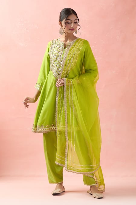Buy Samyukta Singhania Green Silk, Organza, Cotton Gota Patti Round Neck Floral Anarkali Salwar Set Online at Aza Fashions Buy_Samyukta Singhania_Green Silk, Organza, Cotton Gota Patti Round Neck Floral Anarkali Salwar Set _Online_at_Aza_Fashions