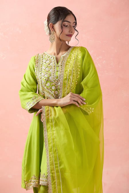 Shop Samyukta Singhania Green Silk, Organza, Cotton Gota Patti Round Neck Floral Anarkali Salwar Set Online at Aza Fashions Shop_Samyukta Singhania_Green Silk, Organza, Cotton Gota Patti Round Neck Floral Anarkali Salwar Set _Online_at_Aza_Fashions