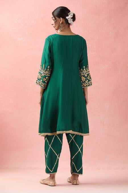 Shop Samyukta Singhania Green Denim, Silk, Organza, Satin Gota Patti, Embroidery Floral Anarkali Set at Aza Fashions Shop_Samyukta Singhania_Green Denim, Silk, Organza, Satin Gota Patti, Embroidery Floral Anarkali Set_at_Aza_Fashions