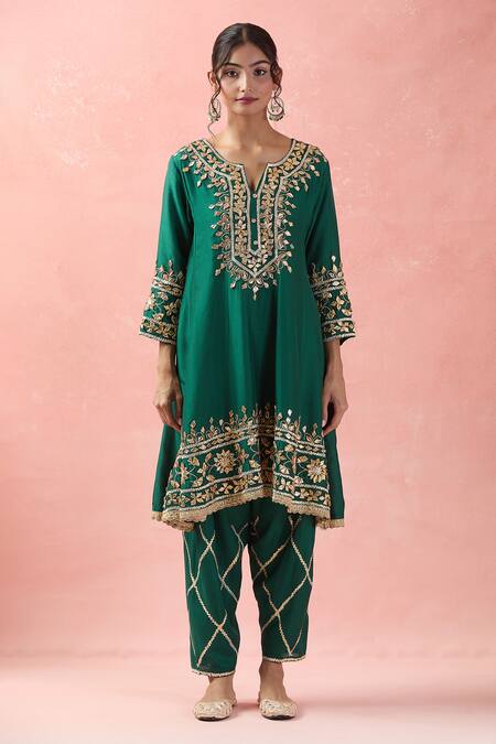 Samyukta Singhania Green Denim, Silk, Organza, Satin Gota Patti, Embroidery Floral Anarkali Set Online at Aza Fashions Samyukta Singhania_Green Denim, Silk, Organza, Satin Gota Patti, Embroidery Floral Anarkali Set_Online_at_Aza_Fashions