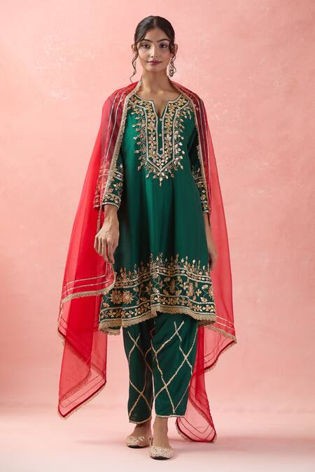 Shop Samyukta Singhania Green Denim, Silk, Organza, Satin Gota Patti, Embroidery Floral Anarkali Set Online at Aza Fashions Shop_Samyukta Singhania_Green Denim, Silk, Organza, Satin Gota Patti, Embroidery Floral Anarkali Set_Online_at_Aza_Fashions