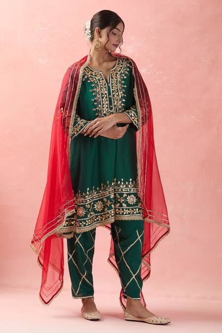 Samyukta Singhania Green Denim, Silk, Organza, Satin Gota Patti, Embroidery Floral Anarkali Set at Aza Fashions Samyukta Singhania_Green Denim, Silk, Organza, Satin Gota Patti, Embroidery Floral Anarkali Set_at_Aza_Fashions