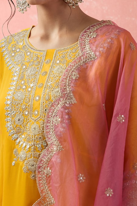 Samyukta Singhania Yellow Georgette, Organza Sequins, Embroidery Round Neck Floral Anarkali Set Online at Aza Fashions Samyukta Singhania_Yellow Georgette, Organza Sequins, Embroidery Round Neck Floral Anarkali Set _Online_at_Aza_Fashions