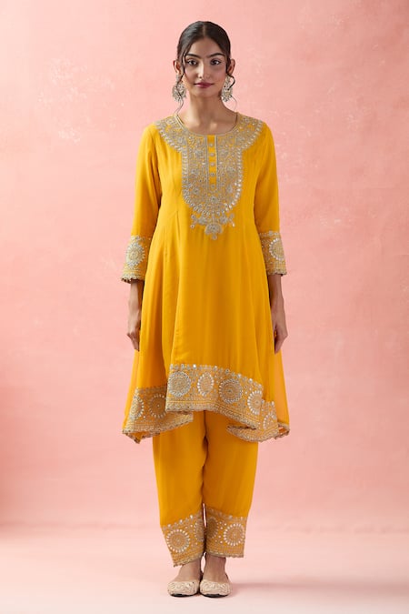 Shop Samyukta Singhania Yellow Georgette, Organza Sequins, Embroidery Round Neck Floral Anarkali Set Online at Aza Fashions Shop_Samyukta Singhania_Yellow Georgette, Organza Sequins, Embroidery Round Neck Floral Anarkali Set _Online_at_Aza_Fashions