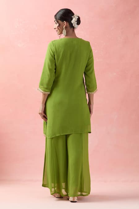 Shop Samyukta Singhania Green Georgette, Organza Embroidery, Gota Patti Round Floral Kurta Palazzo Set at Aza Fashions Shop_Samyukta Singhania_Green Georgette, Organza Embroidery, Gota Patti Round Floral Kurta Palazzo Set_at_Aza_Fashions