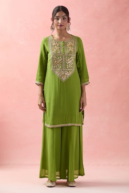 Samyukta Singhania Green Georgette, Organza Embroidery, Gota Patti Round Floral Kurta Palazzo Set Online at Aza Fashions Samyukta Singhania_Green Georgette, Organza Embroidery, Gota Patti Round Floral Kurta Palazzo Set_Online_at_Aza_Fashions
