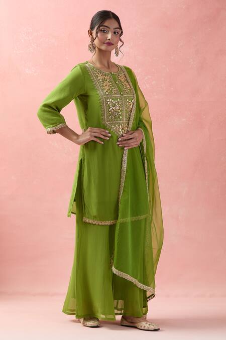 Buy Samyukta Singhania Green Georgette, Organza Embroidery, Gota Patti Round Floral Kurta Palazzo Set Online at Aza Fashions Buy_Samyukta Singhania_Green Georgette, Organza Embroidery, Gota Patti Round Floral Kurta Palazzo Set_Online_at_Aza_Fashions