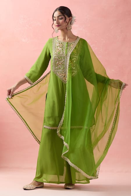 Shop Samyukta Singhania Green Georgette, Organza Embroidery, Gota Patti Round Floral Kurta Palazzo Set Online at Aza Fashions Shop_Samyukta Singhania_Green Georgette, Organza Embroidery, Gota Patti Round Floral Kurta Palazzo Set_Online_at_Aza_Fashions