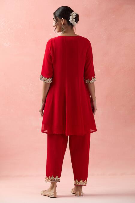 Shop Samyukta Singhania Red Georgette, Organza Sequins, Embroidery, Gota Patti Floral Anarkali Set at Aza Fashions Shop_Samyukta Singhania_Red Georgette, Organza Sequins, Embroidery, Gota Patti Floral Anarkali Set_at_Aza_Fashions