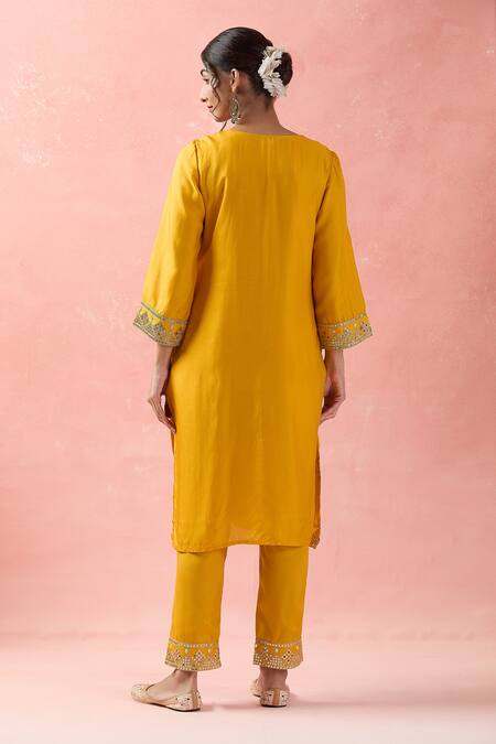 Shop Samyukta Singhania Yellow Silk, Organza Gota Patti, Embroidery, Sequins Round Neck Dori Kurta Set at Aza Fashions Shop_Samyukta Singhania_Yellow Silk, Organza Gota Patti, Embroidery, Sequins Round Neck Dori Kurta Set_at_Aza_Fashions