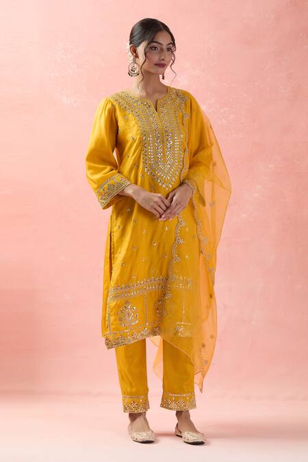 Samyukta Singhania Yellow Silk, Organza Gota Patti, Embroidery, Sequins Round Neck Dori Kurta Set Online at Aza Fashions Samyukta Singhania_Yellow Silk, Organza Gota Patti, Embroidery, Sequins Round Neck Dori Kurta Set_Online_at_Aza_Fashions