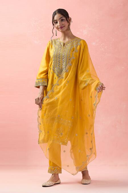 Buy Samyukta Singhania Yellow Silk, Organza Gota Patti, Embroidery, Sequins Round Neck Dori Kurta Set Online at Aza Fashions Buy_Samyukta Singhania_Yellow Silk, Organza Gota Patti, Embroidery, Sequins Round Neck Dori Kurta Set_Online_at_Aza_Fashions
