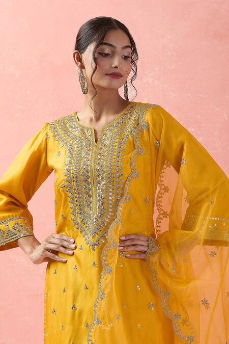 Shop Samyukta Singhania Yellow Silk, Organza Gota Patti, Embroidery, Sequins Round Neck Dori Kurta Set Online at Aza Fashions Shop_Samyukta Singhania_Yellow Silk, Organza Gota Patti, Embroidery, Sequins Round Neck Dori Kurta Set_Online_at_Aza_Fashions