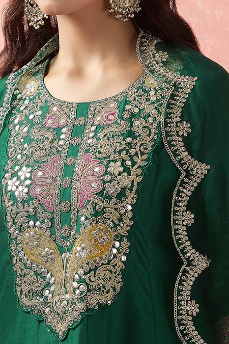 Samyukta Singhania_Green Denim, Organza, Satin Diamonds, Anarkali Set With Scallop Hem Dupatta_Online_at_Aza_Fashions