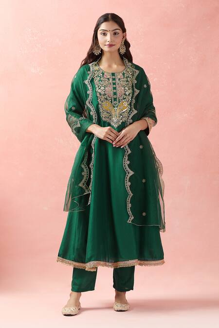 Buy_Samyukta Singhania_Green Denim, Organza, Satin Diamonds, Anarkali Set With Scallop Hem Dupatta_Online_at_Aza_Fashions