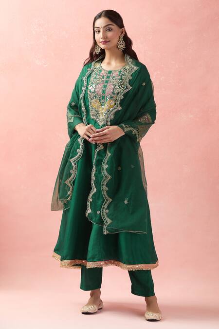 Samyukta Singhania_Green Denim, Organza, Satin Diamonds, Anarkali Set With Scallop Hem Dupatta_at_Aza_Fashions